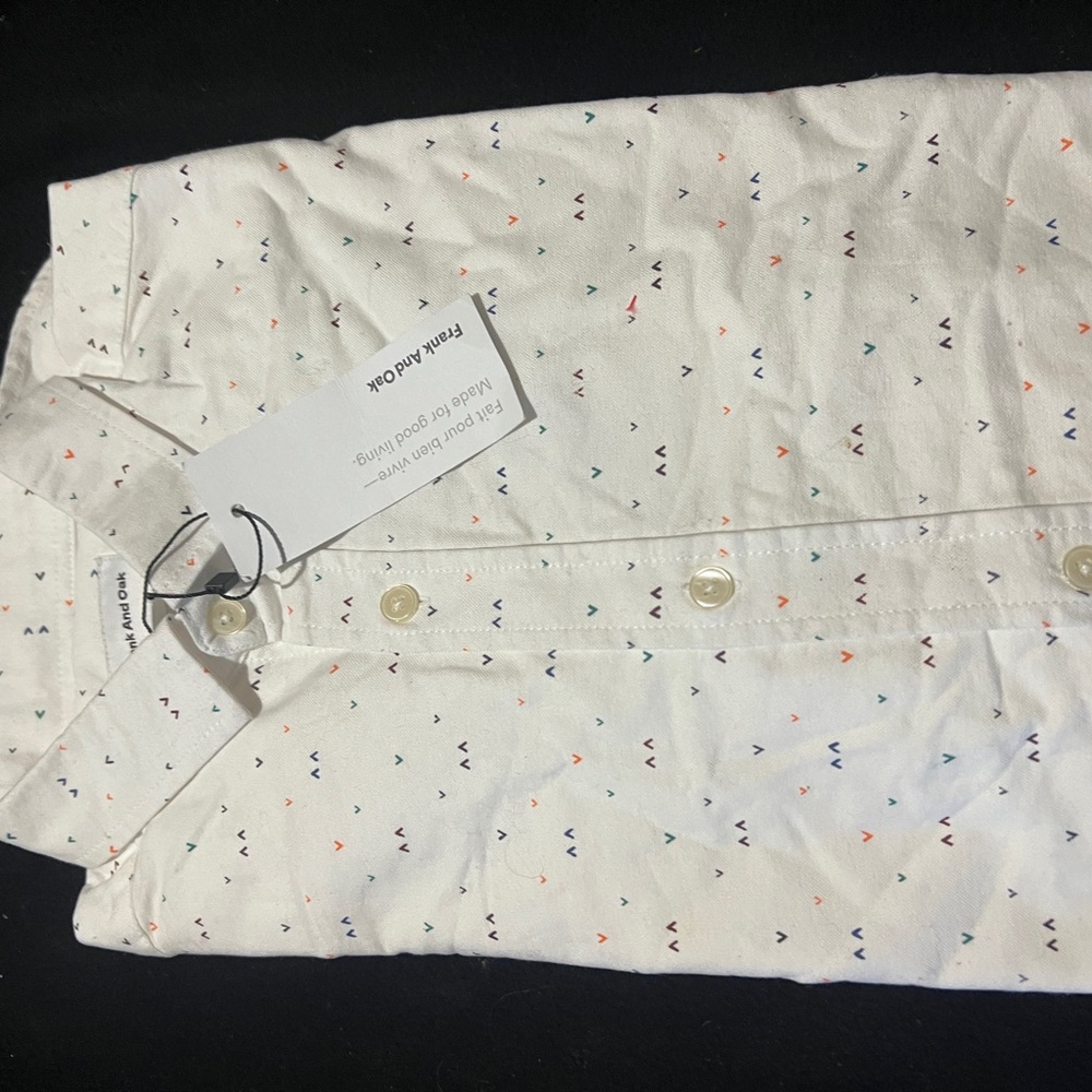 Frank and Oak White Button-Up Shirt with Colorful Accents XS